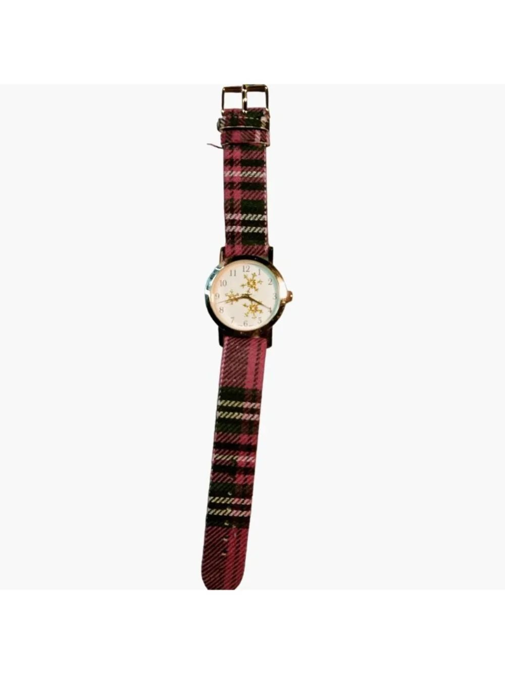 Gold Snowflake Dial Watch Red Plaid Strap Christmas Needs Battery